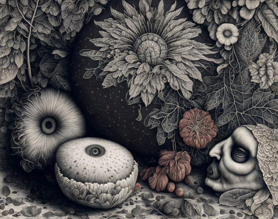 Monochrome botanical artwork with sunflower and surreal eyes