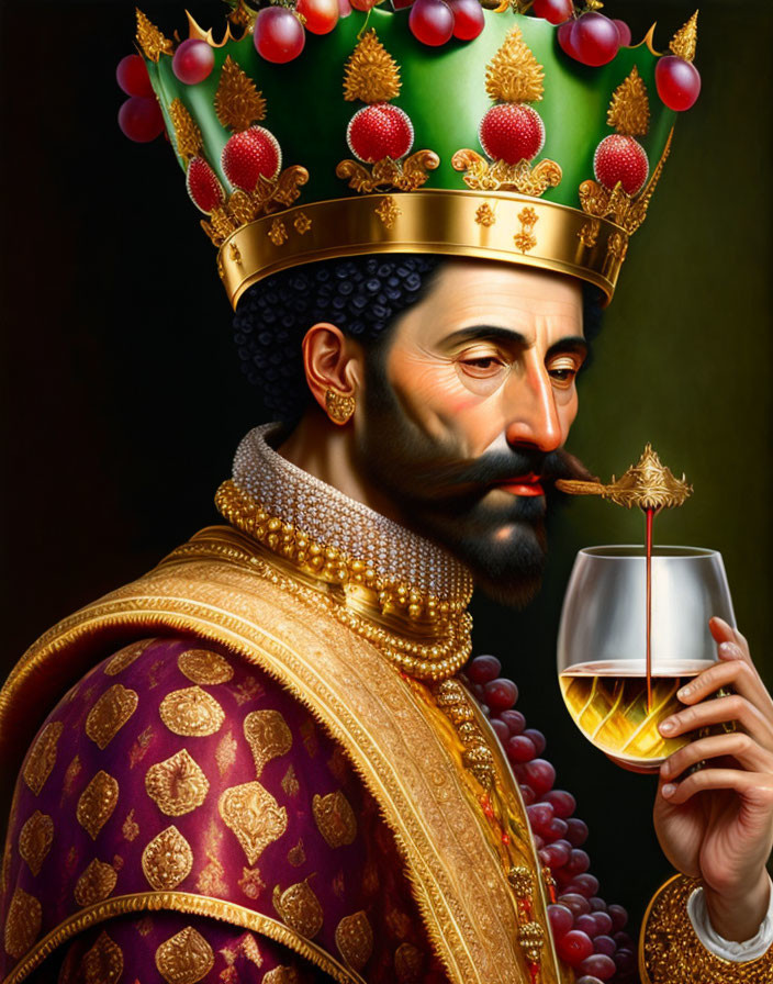 Portrait of Bearded Man with Grape Crown and Goblet in Purple Robe