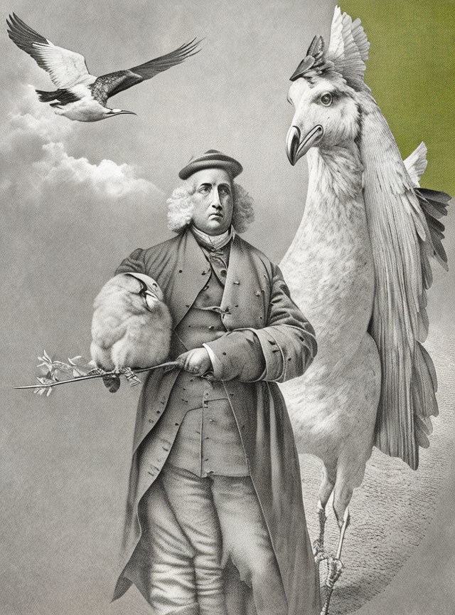 Surreal black and white image: man with bird head, horse with bird head, and flying