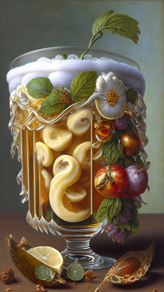 Surreal painting: Overflowing beer glass with fruits, flowers, swan