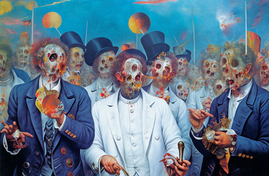 Surreal Victorian figures with coral-like faces in a blue setting.