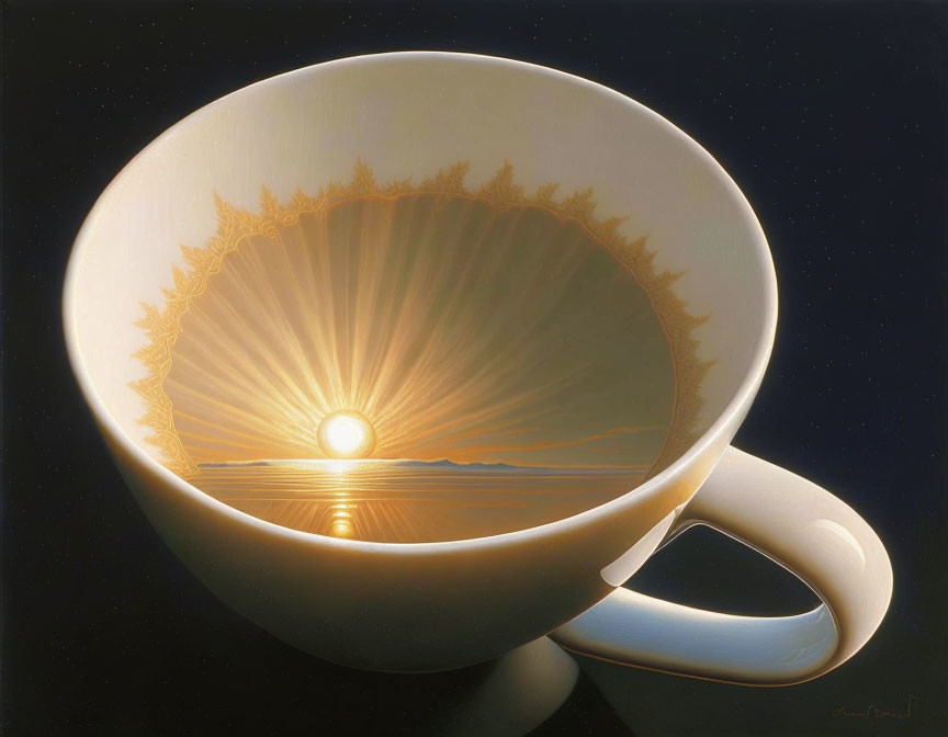 Surreal white cup with sunset and trees reflection on dark background