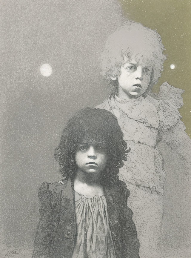 Monochrome artwork featuring children in vintage attire against speckled backdrop