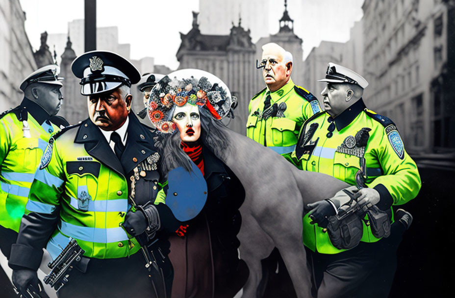 Digital collage: Officers in colorful safety vests with stylized figure in mask, grayscale city.