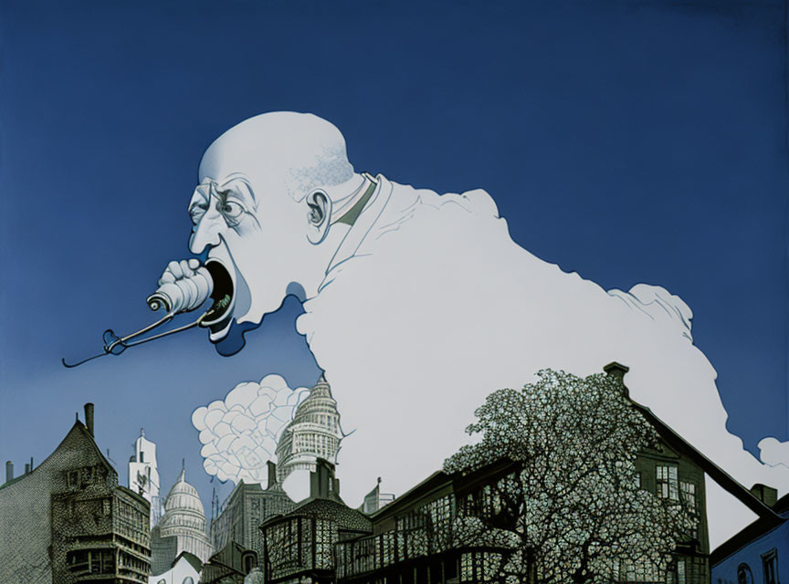 Large caricatured man blending into cloud with smoking pipe, vintage European architecture background