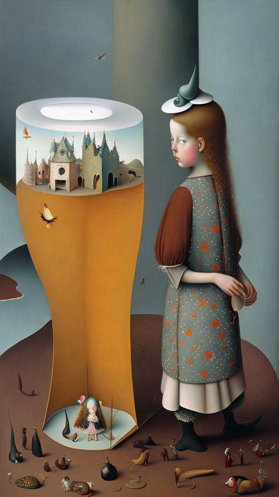 Surreal painting of girl by tower with castle and whimsical creatures