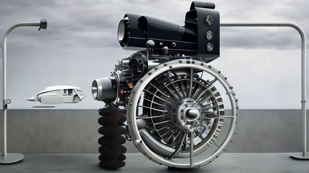 Surreal mechanical creature with wheel body and camera head on smooth surface