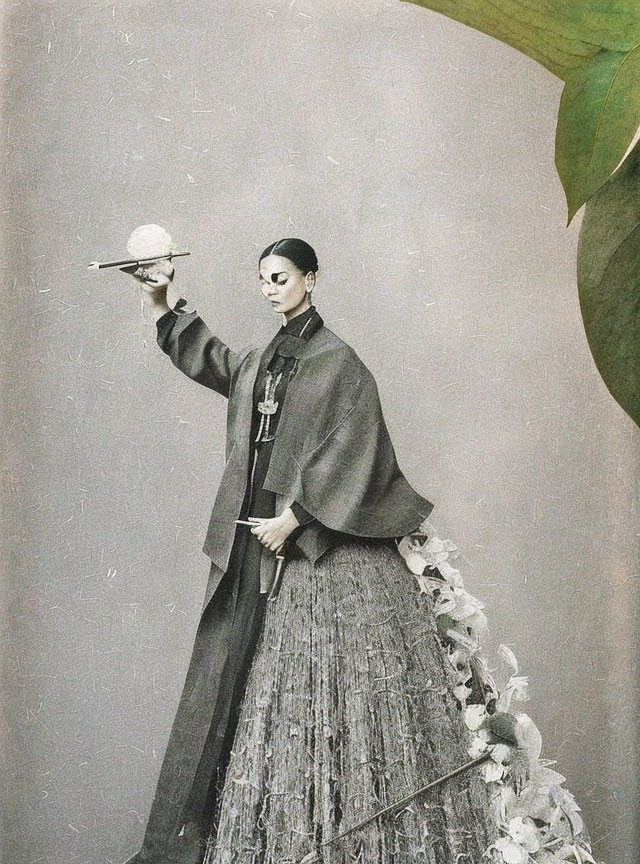 Person in Textured Gown and Cape Holding Saucer and Cup with Large Leaf - Vintage Surreal