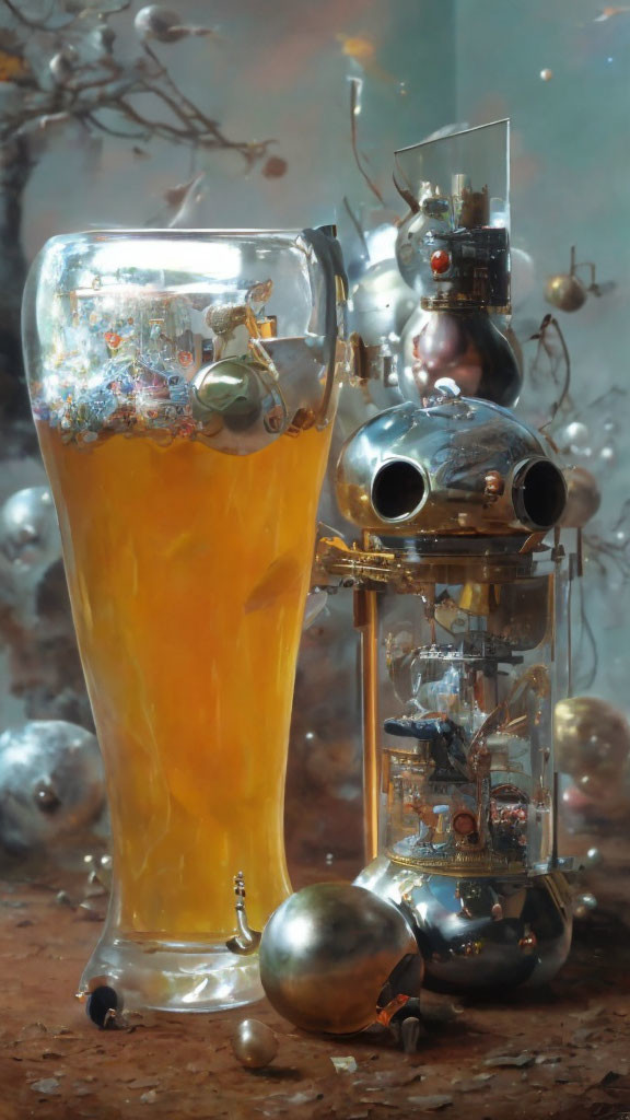 Steampunk-style robot with beer glass and metallic orbs on reflective surface