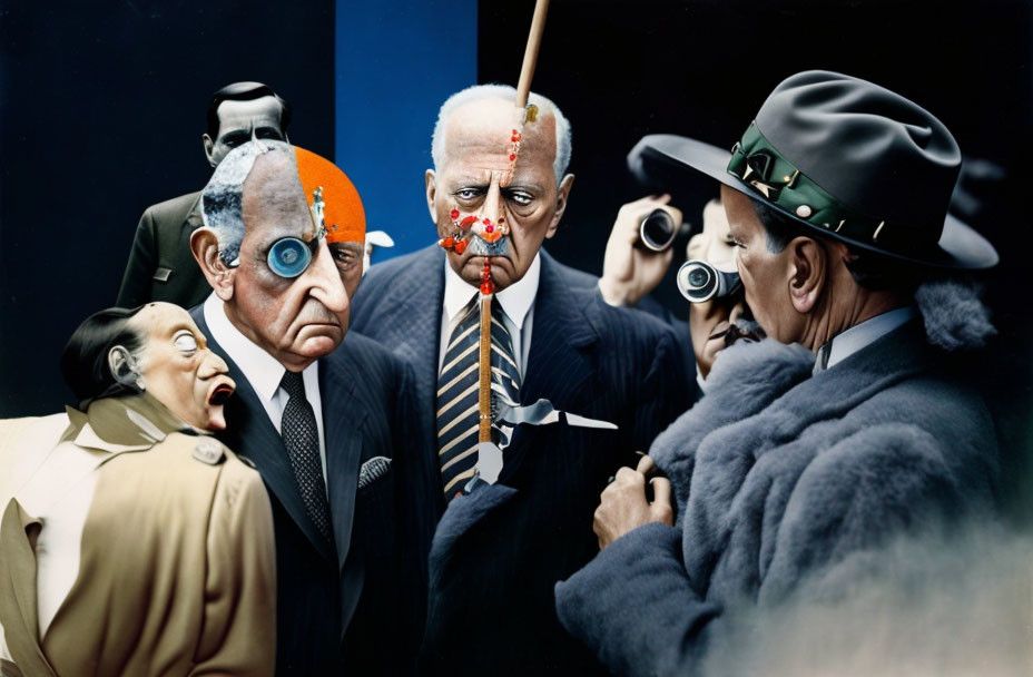 Surreal painting featuring caricatured people and a central figure with a red nose