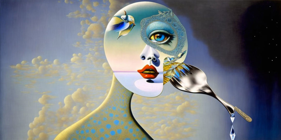 Surreal female figure with bird eye and spoon against cloudy sky