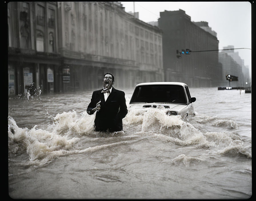 Man in suit with surprised expression in flooded white car on urban street