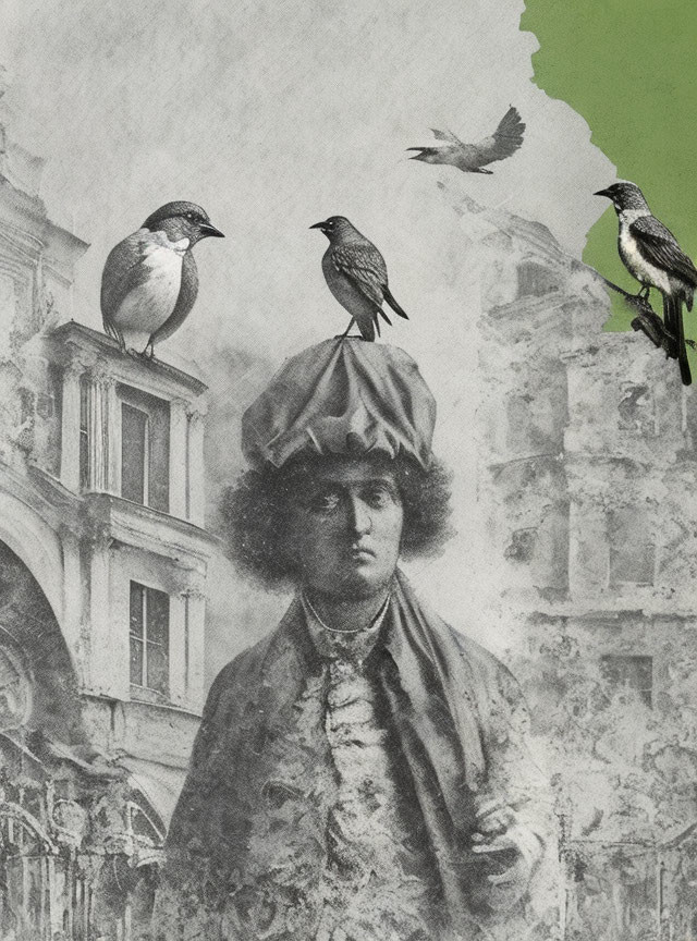 Person in Chef's Hat with Birds in Vintage Style