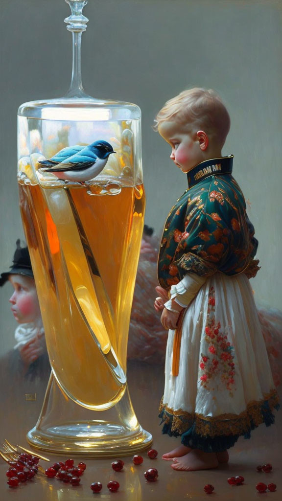 Child in traditional attire gazes at bird on beer glass with scattered berries.