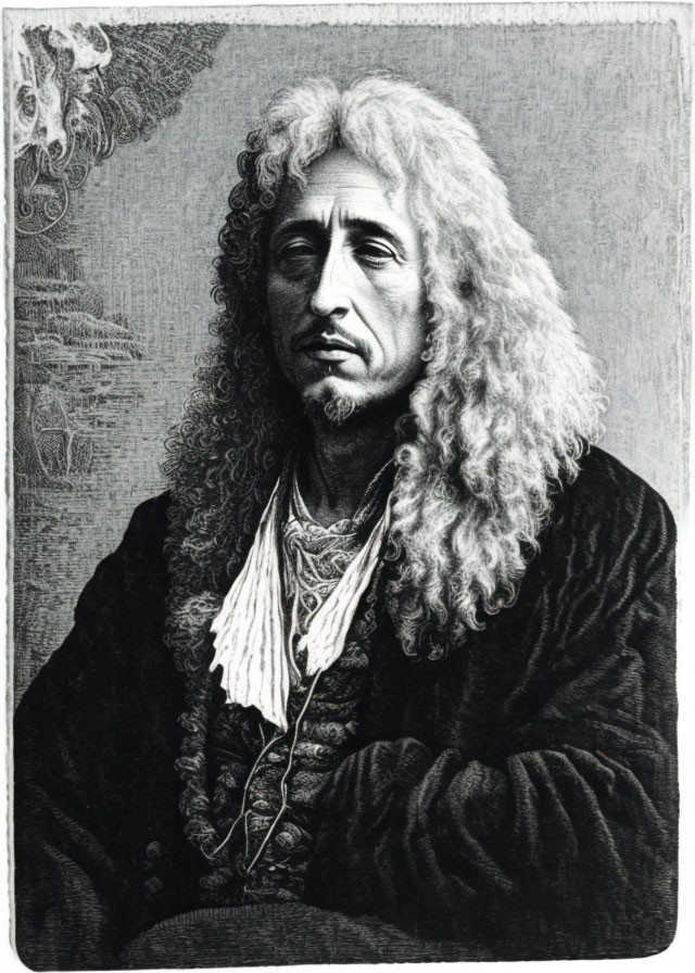 Vintage black-and-white engraving of man with long curly hair in robe and cravat.