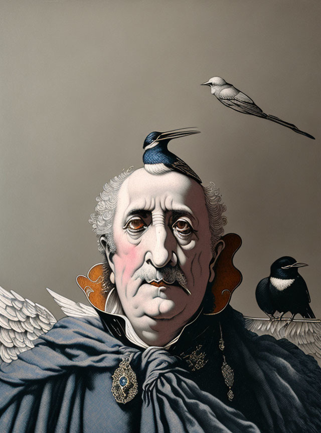 Man with Bird Features and Perched Birds Illustration