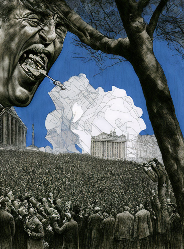 Giant Screaming Face Illustration Above Crowd with Puzzle Piece Speech Bubble and Government Building, Dark Tree