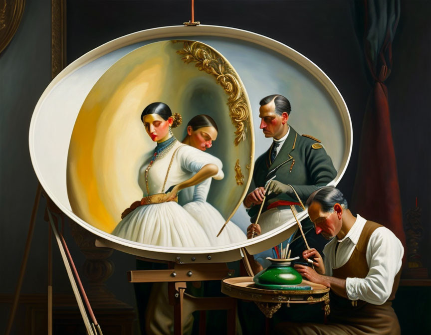 Surreal painting with three figures and alternate reality reflection