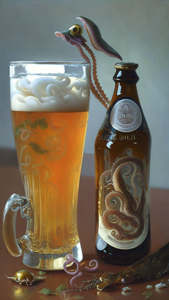 Surreal painting of beer glass, tentacled bottle, and sea creatures