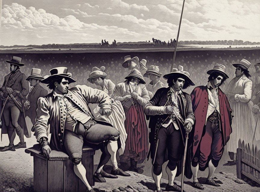 18th-Century Men in Tricorne Hat Engraving