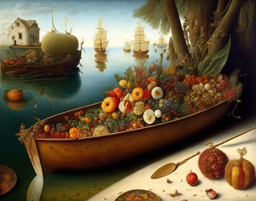 Colorful Fruit-Filled Boats in Calm Harbor Setting