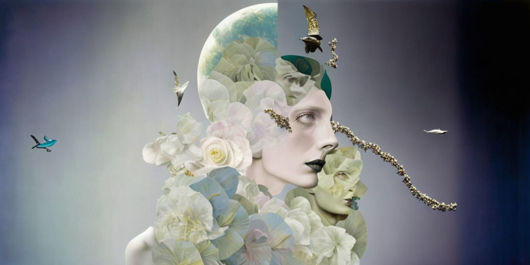 Surreal artwork: Woman's face with floral elements, butterflies, and globe-like structure on two