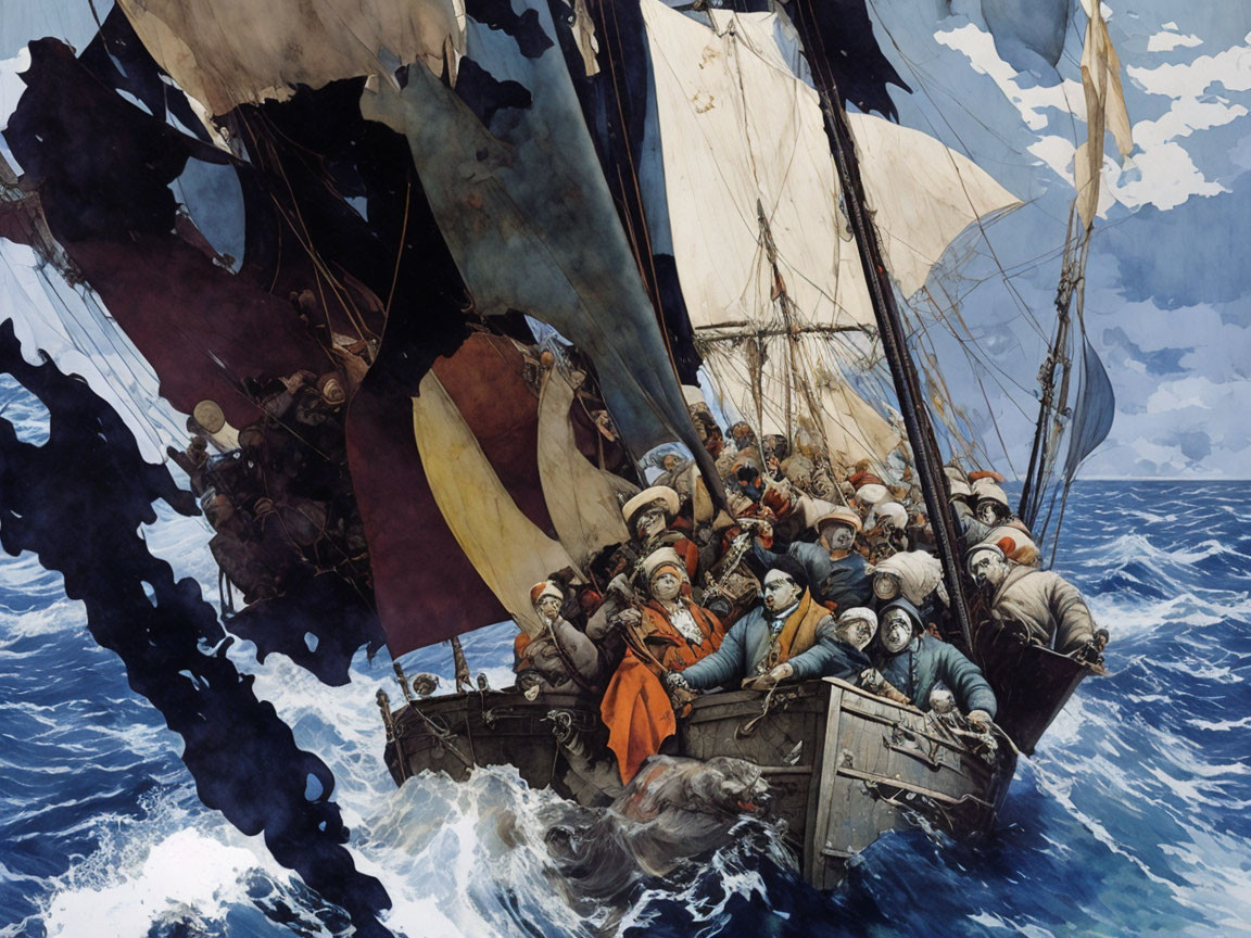 Dramatic painting: Overcrowded sailboat in rough seas