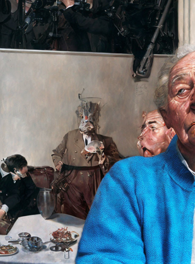 Surreal painting: Distorted figures at table, man in blue sweater, obscured faces, collage