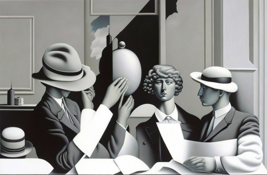 Monochrome painting of three stylized figures in vintage setting