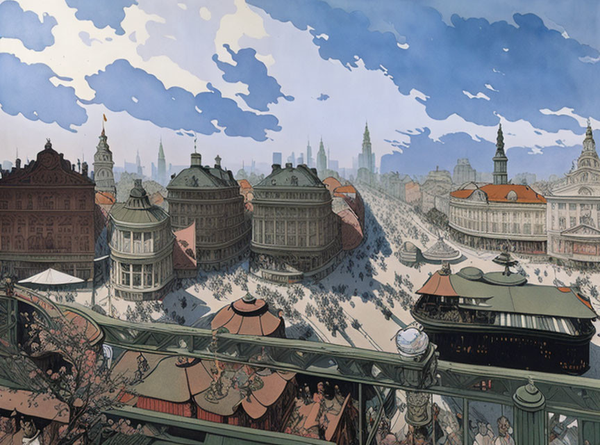 Historical cityscape illustration with ornate buildings and bridge under partly cloudy sky