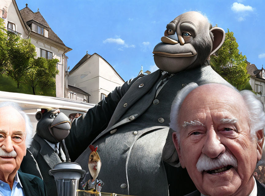 Blend of animated and real-life characters featuring gorilla in suit and elderly man