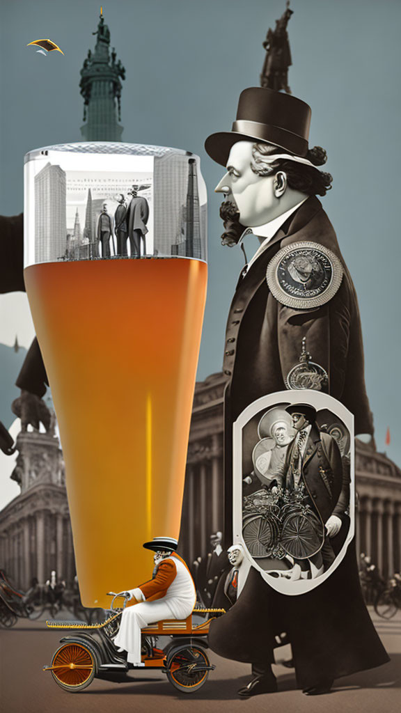 Surreal composite image: Giant man in Victorian attire with pint of beer, small vehicle, classical