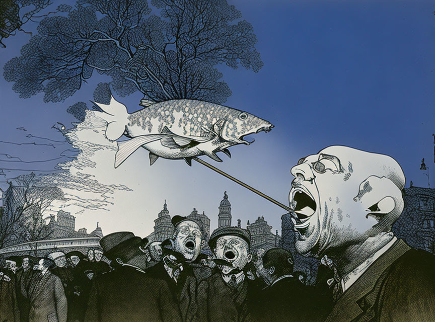 Monochrome artwork: Man shouting, fish emerging, people reacting, cityscape backdrop