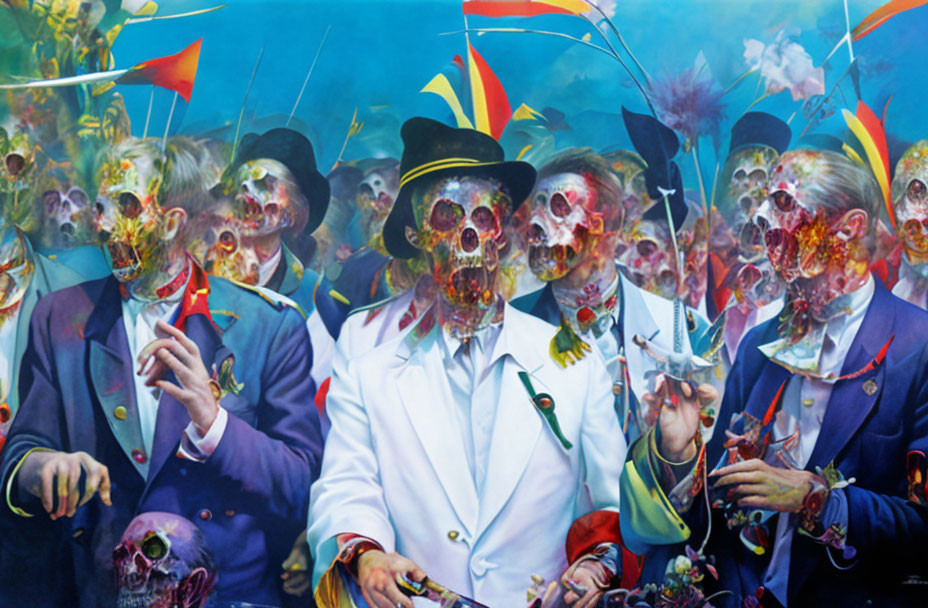 Surreal painting of skeletal figures in elegant attire against vibrant blue backdrop