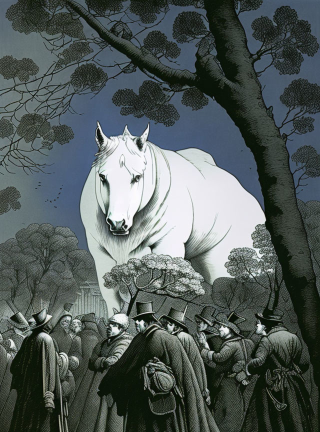 Historical group admiring giant white horse in dark blue sky