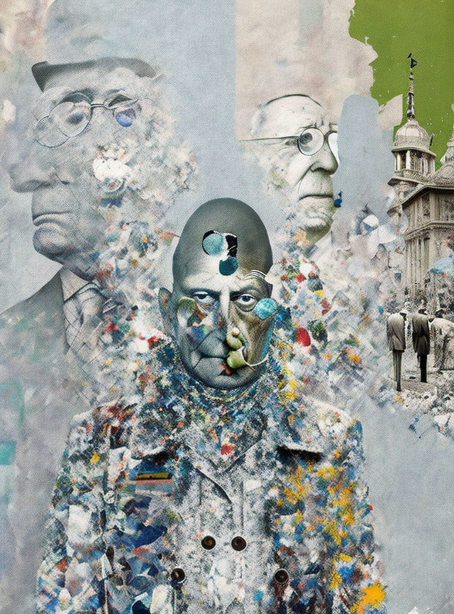 Surreal collage of layered men's faces with abstract colors and historical architecture