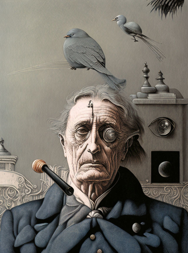 Elderly man surreal illustration with birds and mechanical elements