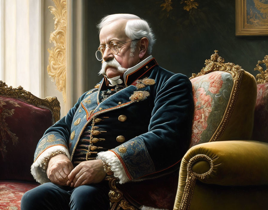 Elderly gentleman in military uniform with medals sitting on ornate chair