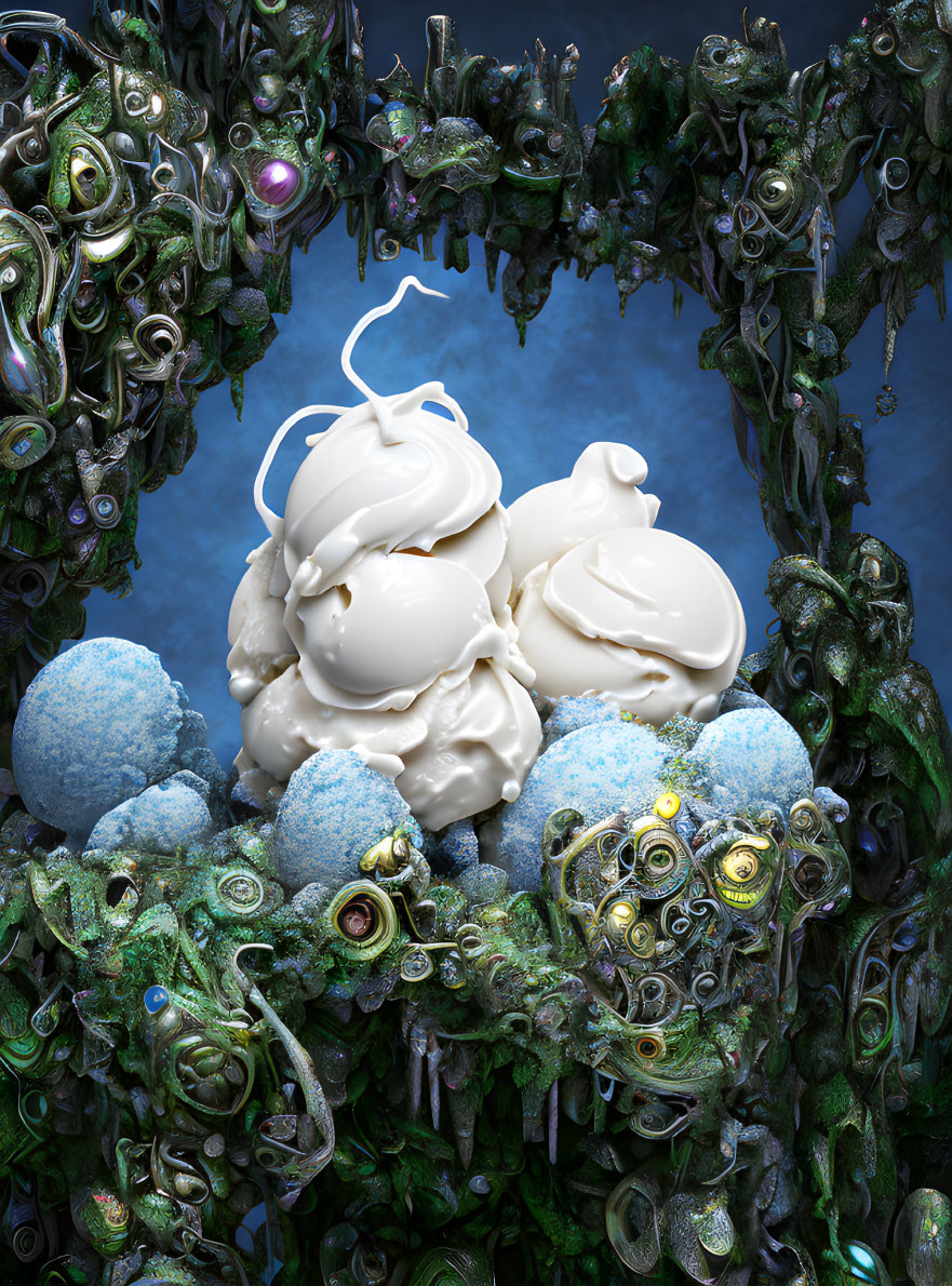 Whimsical image of vanilla ice cream with blue spheres and intricate greenery