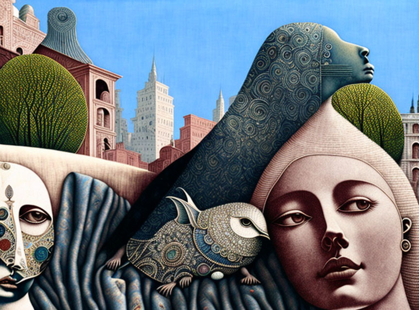 Surreal Artwork: Stylized Faces, Patterns, Nature, Architectural Background