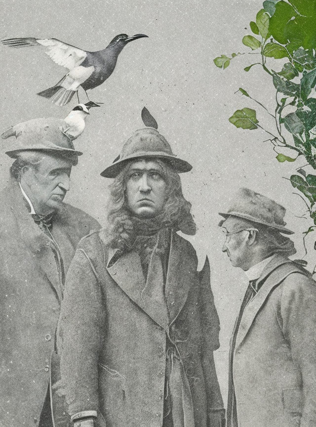 Historical black and white photo with colorized bird and three people