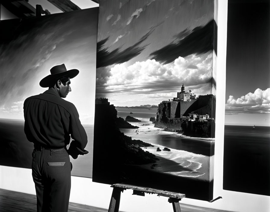 Man in hat gazes at coastal lighthouse painting in sunlit room