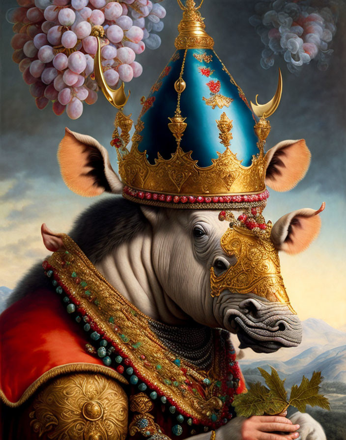 Whimsical artwork of a cow in royal attire against a classic backdrop