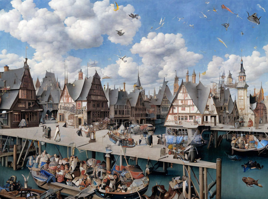 Renaissance harbor scene with townsfolk, boats, goods, and ornate European buildings on a