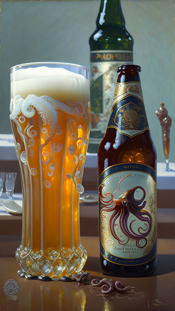 Hyper-realistic painting of beer glass with octopus and beer bottle with octopus label