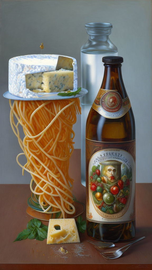 Still Life Painting with Beer Bottle, Milk Glass, Spaghetti, and Cheese Slice