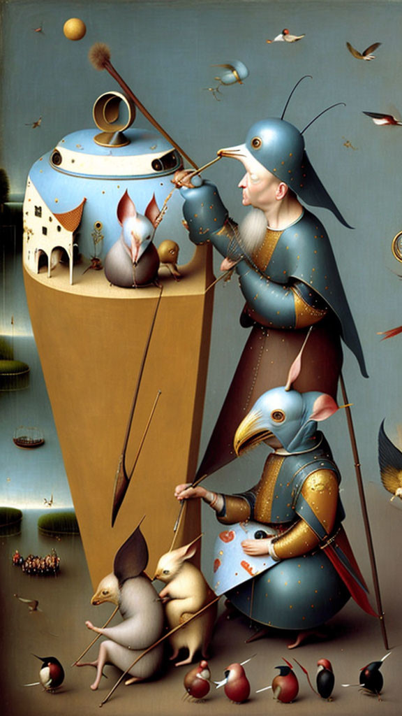 Surreal painting with figure playing trumpet and whimsical creatures