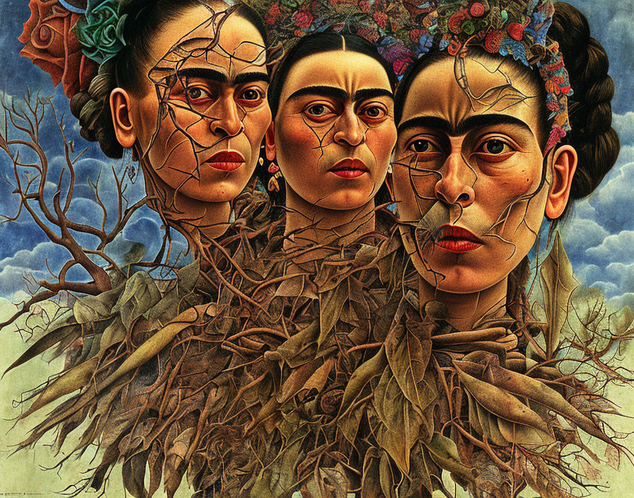 Surreal artwork: Three faces resembling Frida Kahlo, intertwined with branches, against cloudy sky