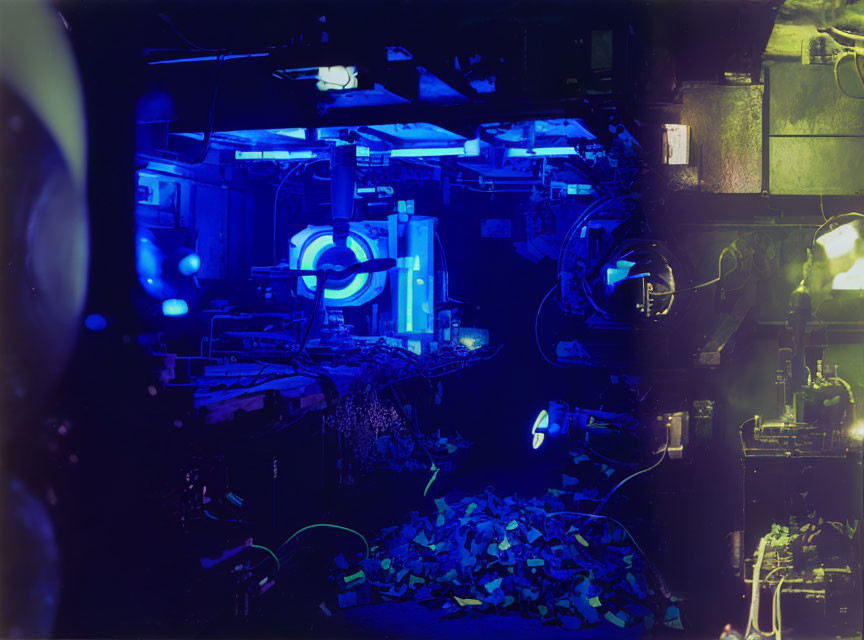 Futuristic dark lab with glowing blue lights and advanced machinery