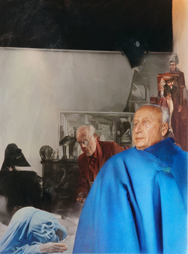 Elderly man in blue among historical and fantastic figures in surreal collage